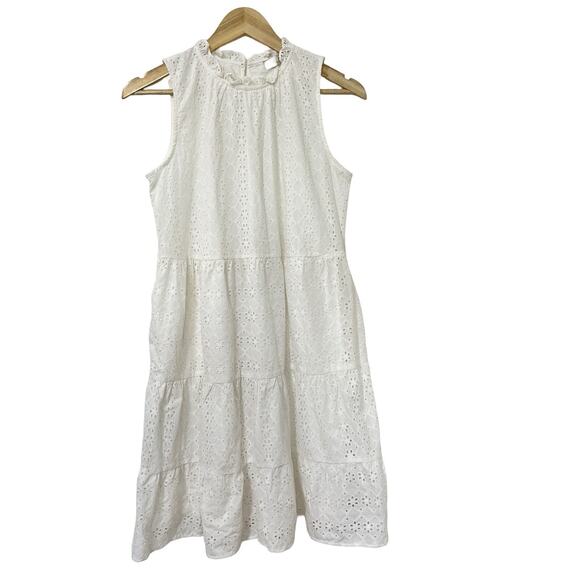 LOFT Cotton Eyelet Tiered Knee Length Dress Size S White Beachy Summer Romantic - Picture 1 of 9